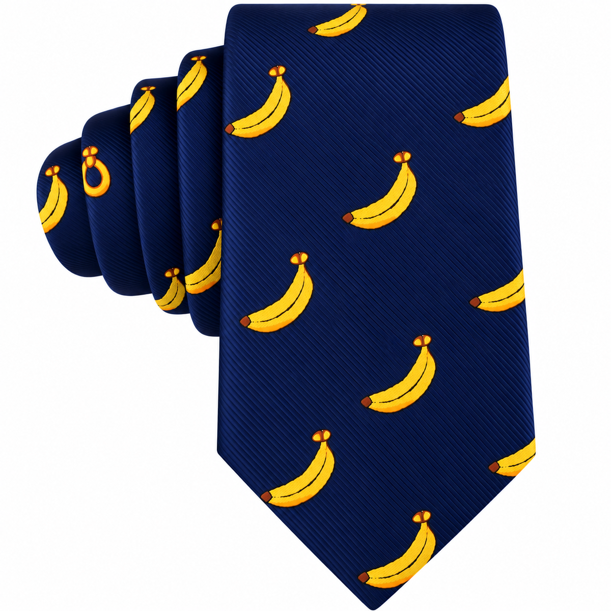Add a touch of tropical flair to your outfit with the Banana Skinny Tie—a navy blue men’s skinny tie featuring a repeating pattern of small yellow bananas for a fun and playful look.