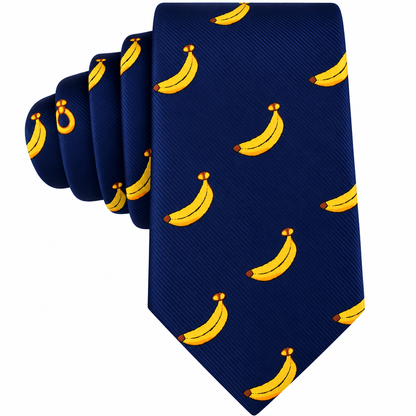 Add a touch of tropical flair to your outfit with the Banana Skinny Tie—a navy blue men’s skinny tie featuring a repeating pattern of small yellow bananas for a fun and playful look.
