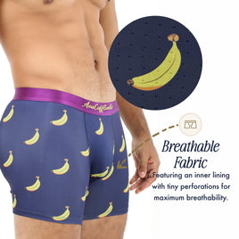 A man models Banana Underwear—blue boxer briefs with playful banana prints and a purple waistband. A circular inset shows small fabric perforations highlighting the breathable, moisture-wicking feature.
