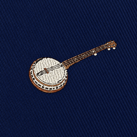 The Banjo Skinny Tie features an embroidered banjo in brown, white, and black thread on a dark blue fabric background, making it a unique music-inspired accessory that’s perfect for anyone seeking a standout banjo tie.