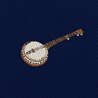 The Banjo Skinny Tie features an embroidered banjo in brown, white, and black thread on a dark blue fabric background, making it a unique music-inspired accessory that’s perfect for anyone seeking a standout banjo tie.