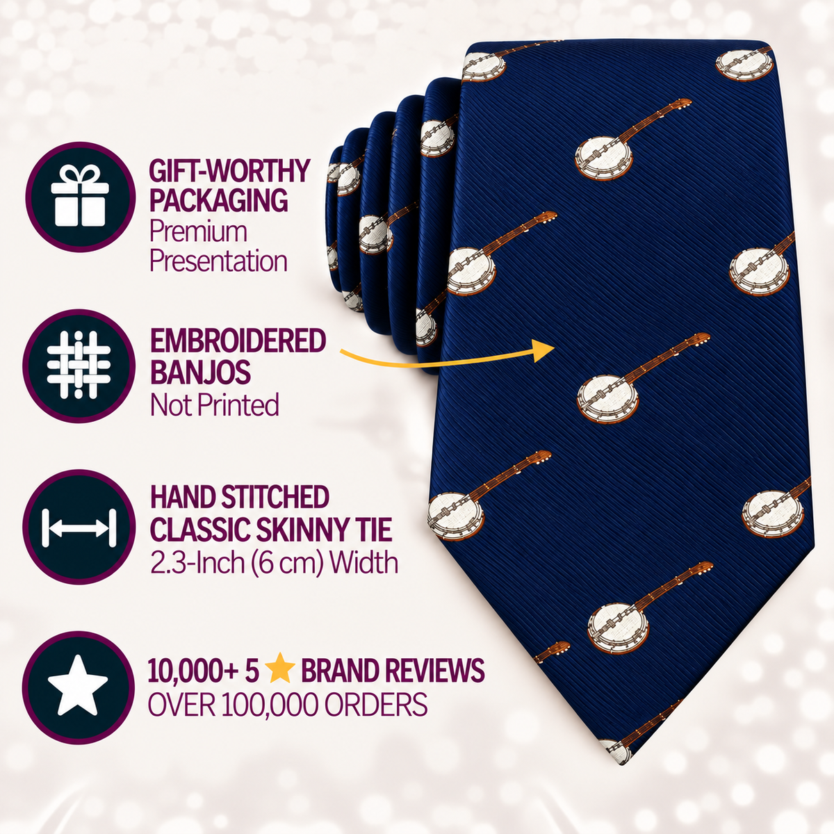 The Banjo Skinny Tie features a vibrant blue design with detailed embroidered banjo motifs. Showcased alongside highlights of gift-ready packaging, expert hand stitching, unique embroidered accents, and glowing customer reviews, this music-themed accessory blends timeless style with whimsical flair—making it the ideal choice for any banjo enthusiast.