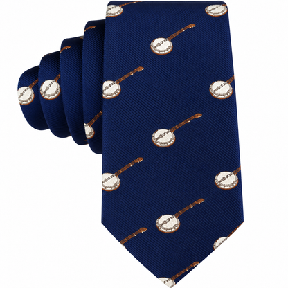 The Banjo Skinny Tie is a blue accessory adorned with a repeating pattern of small, detailed banjos evenly spaced across the fabric—an ideal music-themed tie for any enthusiast.