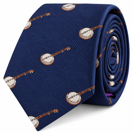 The Banjo Skinny Tie is a rolled-up blue necktie featuring a repeating pattern of small embroidered banjos—a music-inspired accessory perfect for any musician or enthusiast.