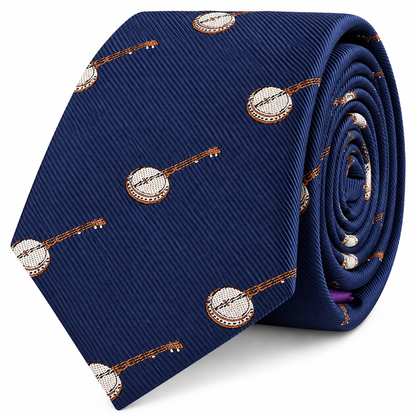 The Banjo Skinny Tie is a rolled-up blue necktie featuring a repeating pattern of small embroidered banjos—a music-inspired accessory perfect for any musician or enthusiast.