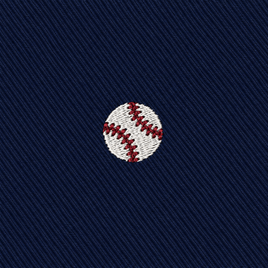 The Baseball Skinny Tie features an embroidered white baseball with red stitching, centered on a dark blue fabric background—perfect as a groomsmen accessory or a unique gift for any baseball fan.