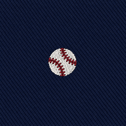 The Baseball Skinny Tie features an embroidered white baseball with red stitching, centered on a dark blue fabric background—perfect as a groomsmen accessory or a unique gift for any baseball fan.
