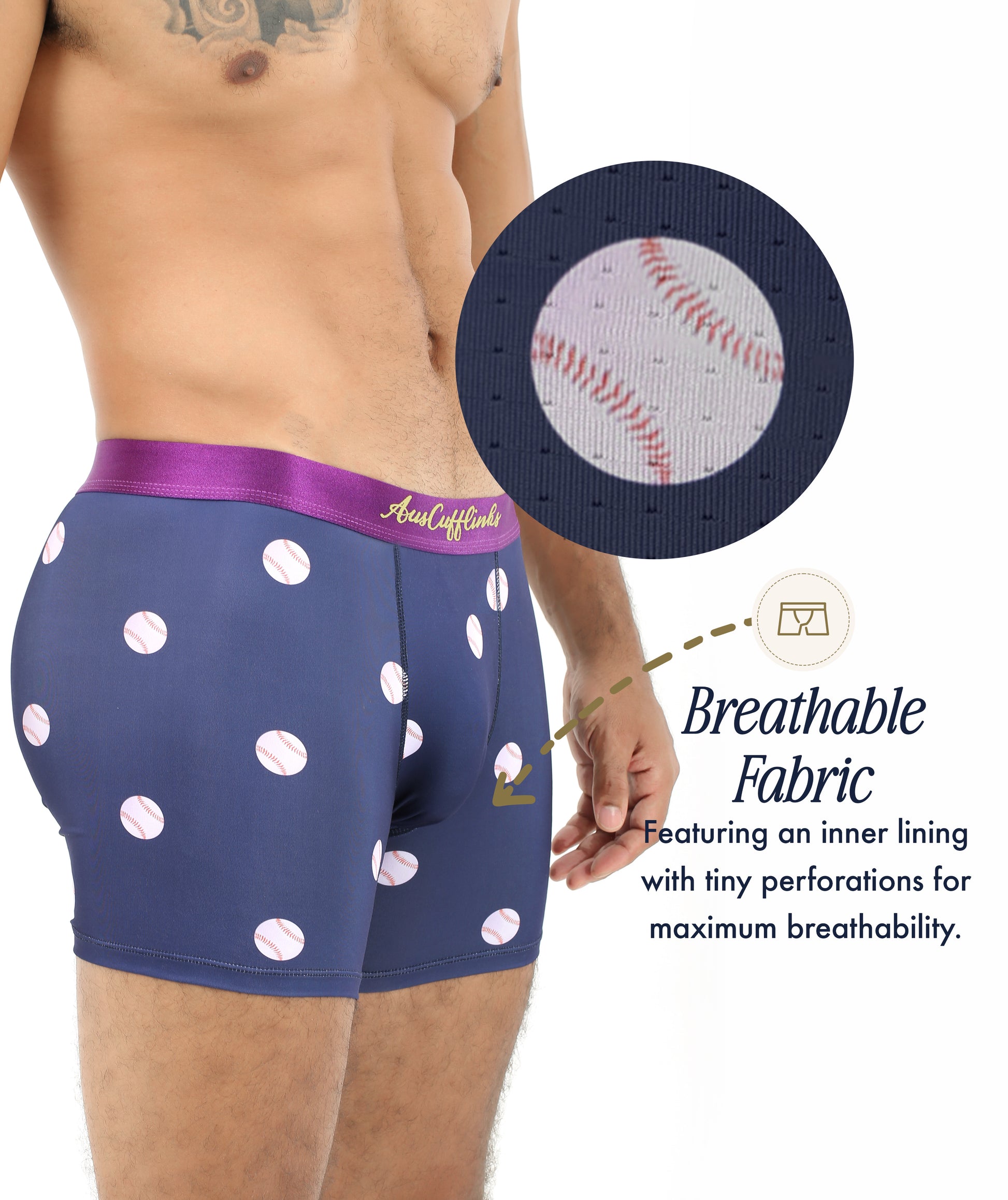 Someone wears Baseball Underwear with a purple waistband; an inset displays close-up breathable perforations. Text reads "Breathable Fabric." Enjoy perfect moisture-wicking comfort and stylish design with these boxers.