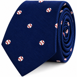 Introducing the Baseball Skinny Tie—a navy blue necktie featuring a pattern of small white baseballs with red stitching, evenly spaced throughout the fabric. This tie is the perfect accessory for any sports-themed wedding or a thoughtful gift for a baseball fan.