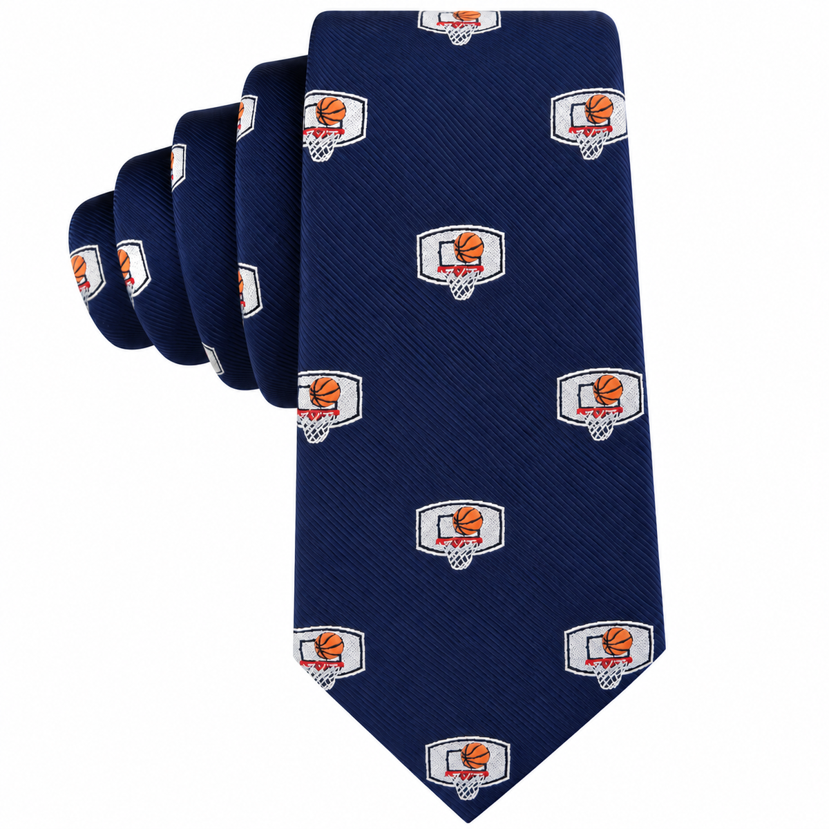 The Basketball Backboard Skinny Tie features a repeating pattern of basketballs going through hoops on a navy blue background, making it the perfect accessory for any NBA-inspired outfit or a unique gift for basketball players.