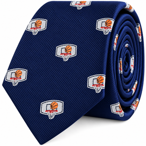 A rolled-up Basketball Backboard Skinny Tie in navy blue, featuring a pattern of embroidered basketball hoops with basketballs going through the net—an ideal gift for basketball players and fans, inspired by the excitement of the NBA.