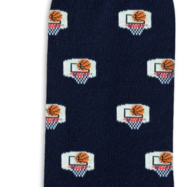 Basketball Backboard Socks: Navy blue athletic socks with a fun pattern of basketballs flying through white and red hoops—ideal for adding performance and style to your game.