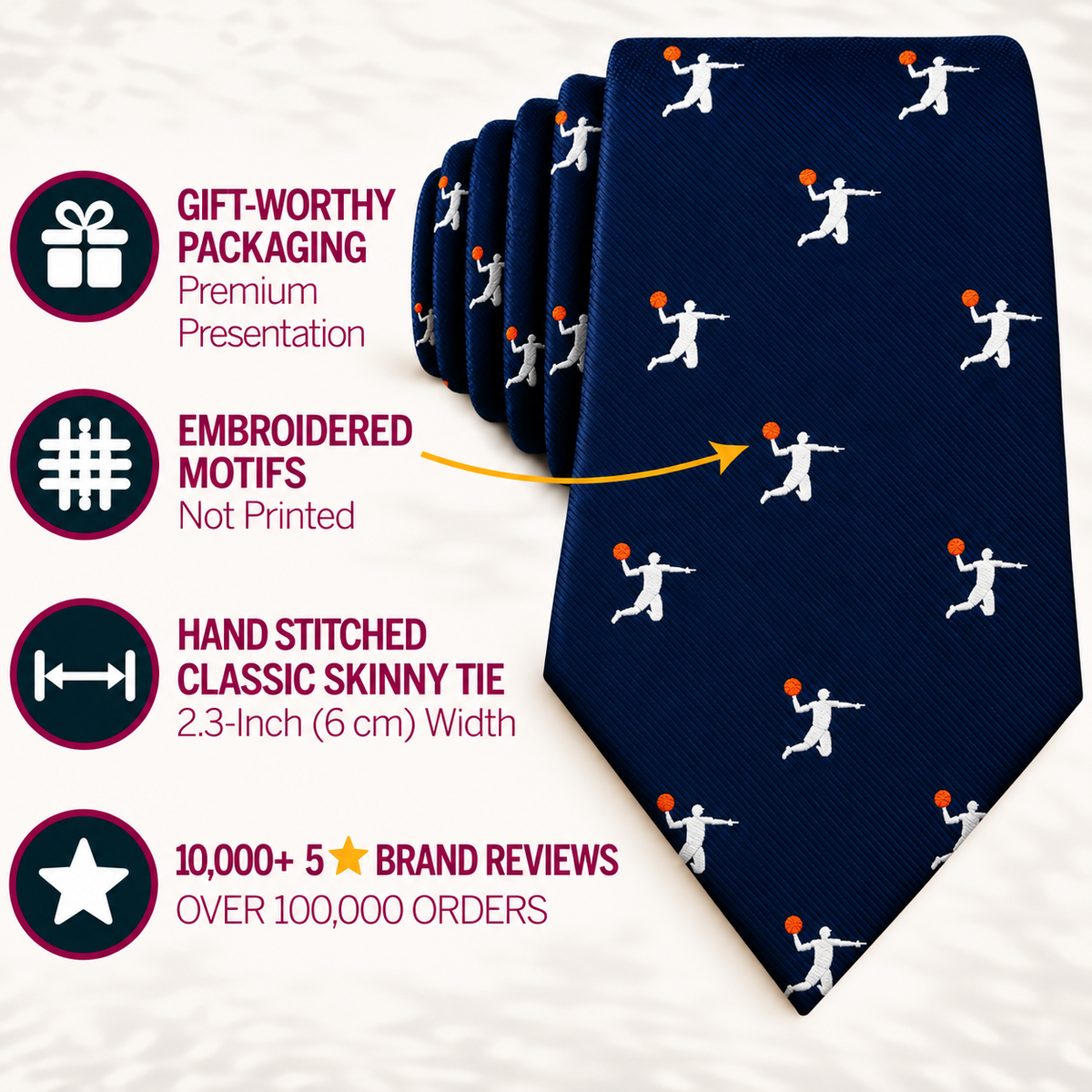 Introducing the Basketball Dunk Skinny Tie: a navy skinny tie featuring embroidered white basketball player motifs and a subtle slam dunk print. Boasting hand-stitched craftsmanship, elegant gift packaging, and over 10,000 five-star reviews from more than 100,000 orders—this is the perfect gift for basketball fans.