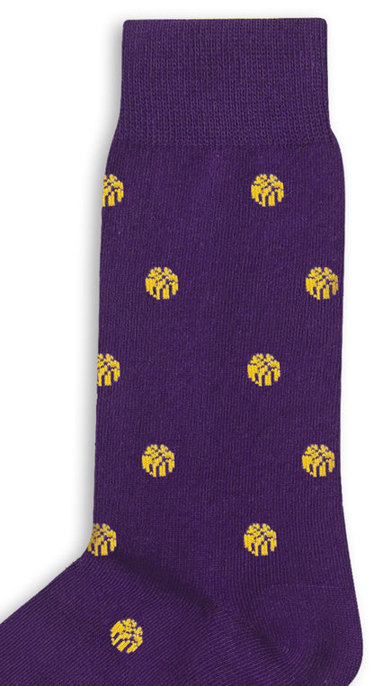 The Yellow Basketball Socks are breathable and purple, featuring evenly spaced small yellow gift box motifs inspired by classic NBA colors.