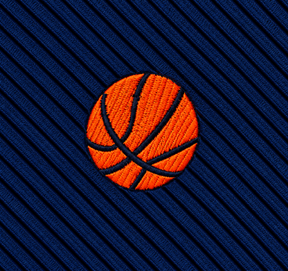 The Basketball Skinny Tie features an embroidered orange basketball on blue, diagonally ribbed fabric, making it a standout accessory—ideal as a unique basketball gift or for adding sporty style to your collection.