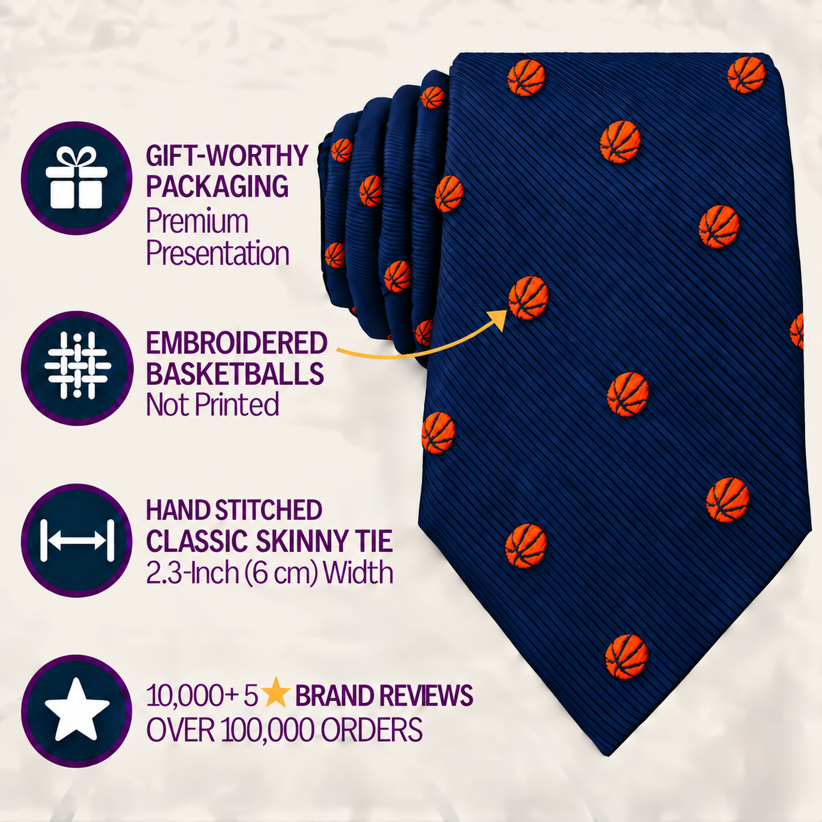 Introducing the Basketball Skinny Tie in navy blue, featuring vibrant orange embroidered basketballs. This stylish tie comes with special gift packaging—making it the perfect basketball gift. An easy-to-read infographic provides detailed tie information and customer ratings for your convenience.