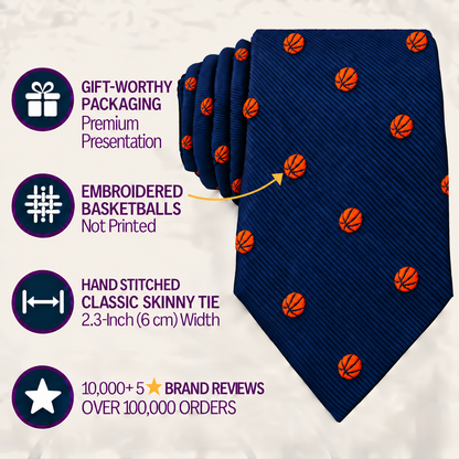 Introducing the Basketball Skinny Tie in navy blue, featuring vibrant orange embroidered basketballs. This stylish tie comes with special gift packaging—making it the perfect basketball gift. An easy-to-read infographic provides detailed tie information and customer ratings for your convenience.