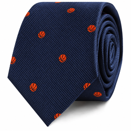 The Basketball Skinny Tie features a navy blue base with a textured pattern and is adorned with small orange basketball motifs evenly spaced across the fabric—making it the perfect basketball gift for enthusiasts and adding sporty flair to any outfit.
