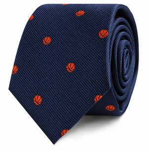 The Basketball Skinny Tie features a navy blue base with a textured pattern and is adorned with small orange basketball motifs evenly spaced across the fabric—making it the perfect basketball gift for enthusiasts and adding sporty flair to any outfit.