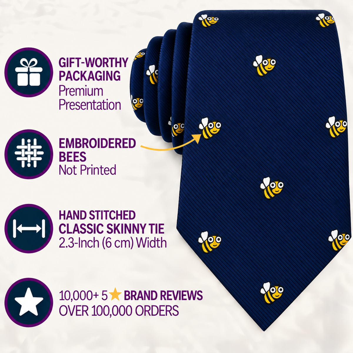 The Bee Skinny Tie in navy blue features embroidered yellow bees and comes with gift packaging, hand-stitched quality, and boasts over 10,000 five-star reviews.