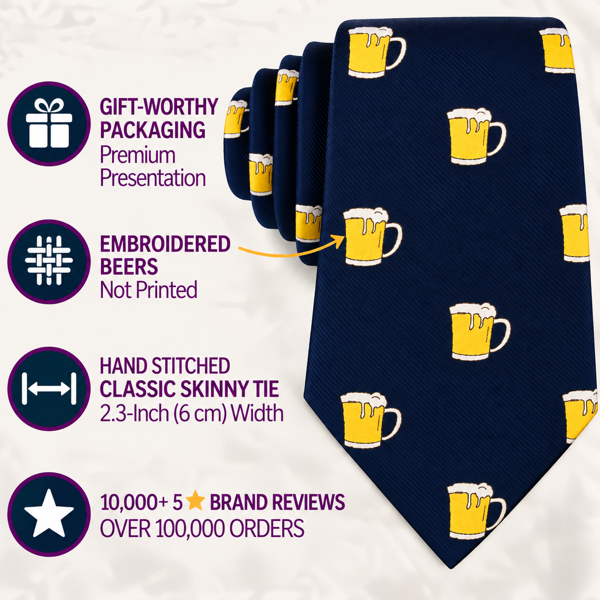 The Beer Skinny Tie in navy is shown featuring embroidered beer mugs, and its highlights—premium packaging, embroidered detailing, hand stitching, and over 10,000 five-star reviews—are listed alongside.