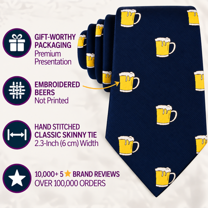The Beer Skinny Tie in navy is shown featuring embroidered beer mugs, and its highlights—premium packaging, embroidered detailing, hand stitching, and over 10,000 five-star reviews—are listed alongside.