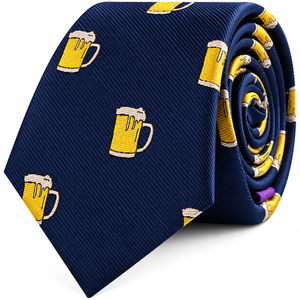 A Beer Skinny Tie in rolled navy blue, featuring a novelty pattern of small yellow beer mugs with white foam.
