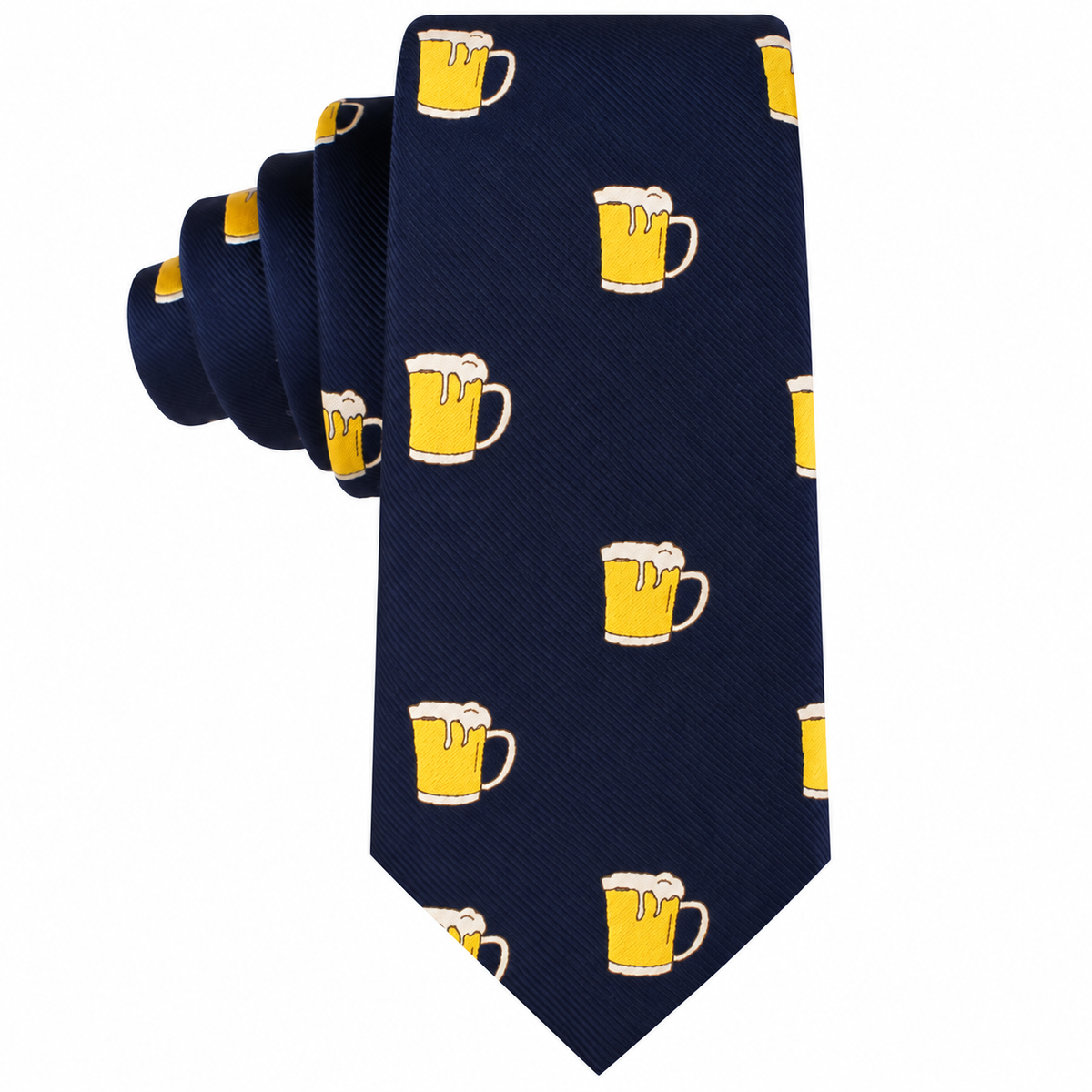 Beer Skinny Tie in navy blue features a repeating yellow beer mug print with white foam details, shown folded against a white background.