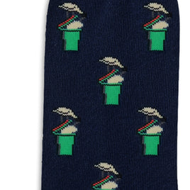 Navy blue Bin Chicken Socks display a playful Statue of Liberty pattern, swapping her torch for an ice cream cone—an Aussie twist inspired by the iconic humor of Bin Chicken Socks.