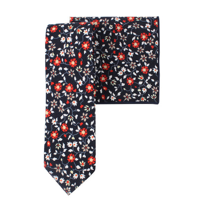 Black Red Orange Amaryllis Cotton Floral Skinny Tie & Pocket Square Set