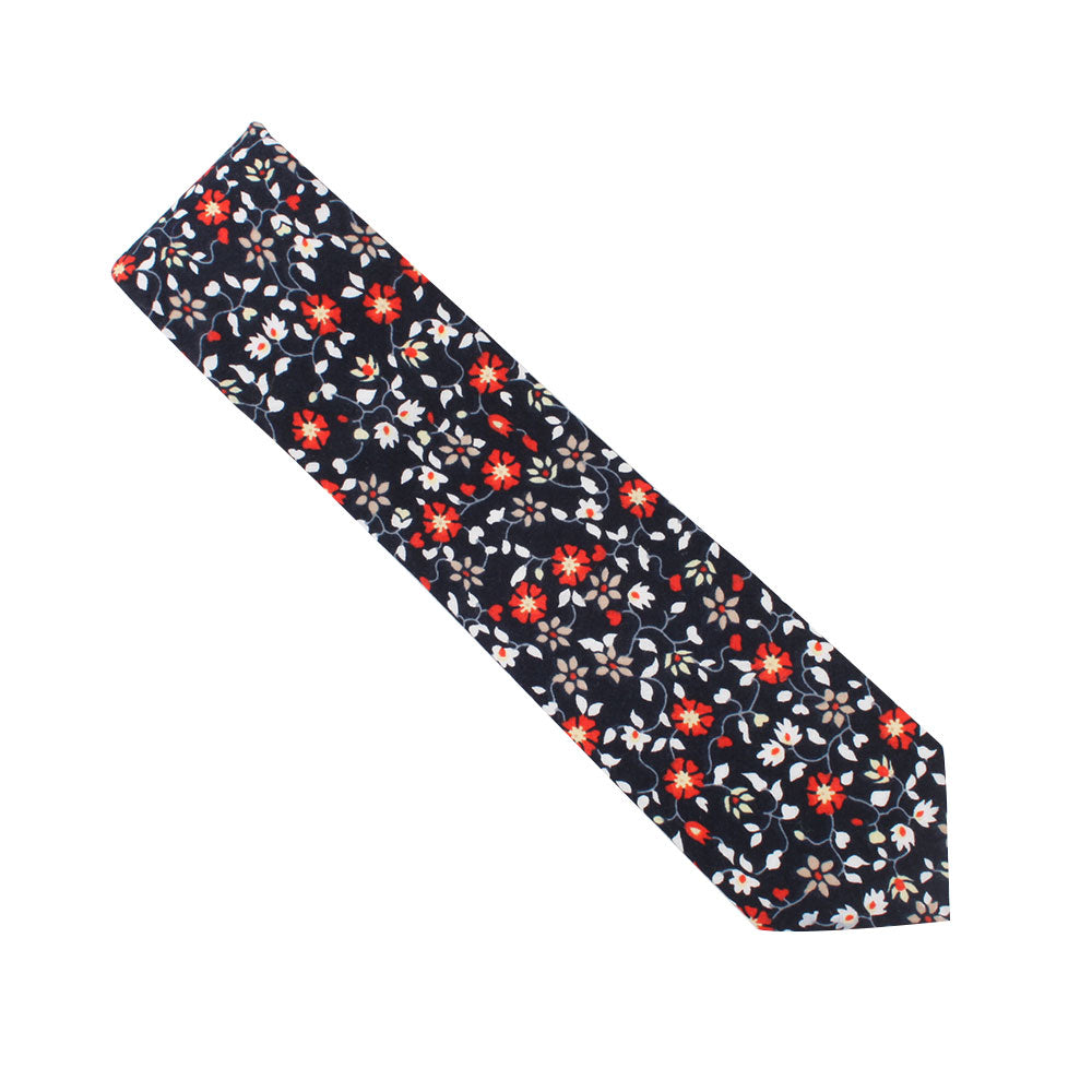 Black Red Orange Amaryllis Cotton Floral Skinny Tie & Pocket Square Set