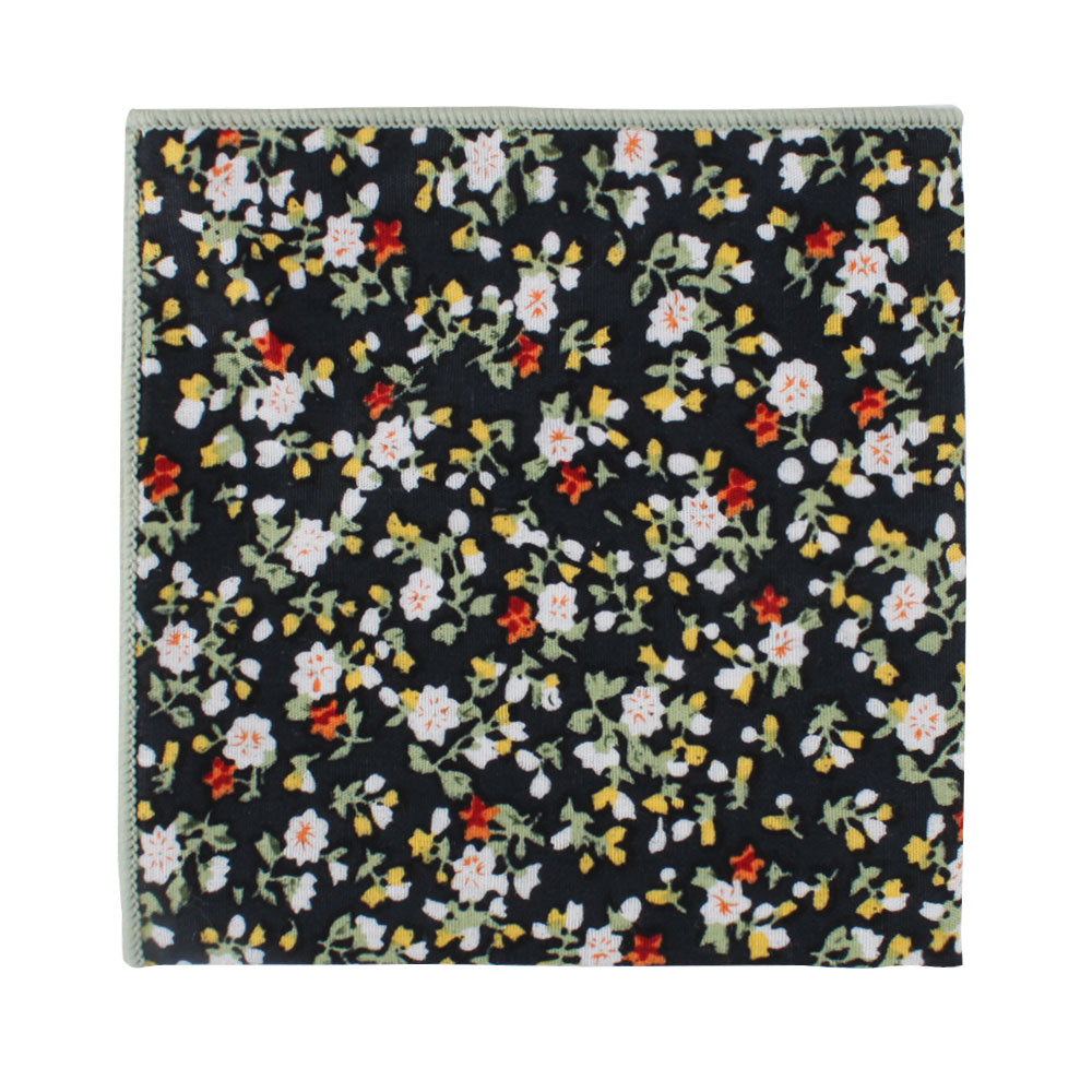 A Black Red Yellow Multi Cotton Floral Skinny Tie & Pocket Square Set with red and yellow flowers on a black canvas.