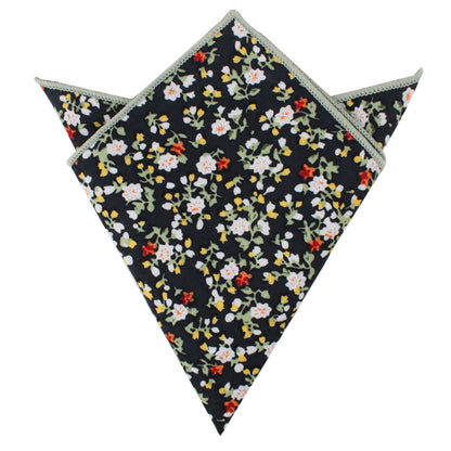 A Black Red Yellow Multi Cotton Floral Skinny Tie & Pocket Square Set with a floral pattern.