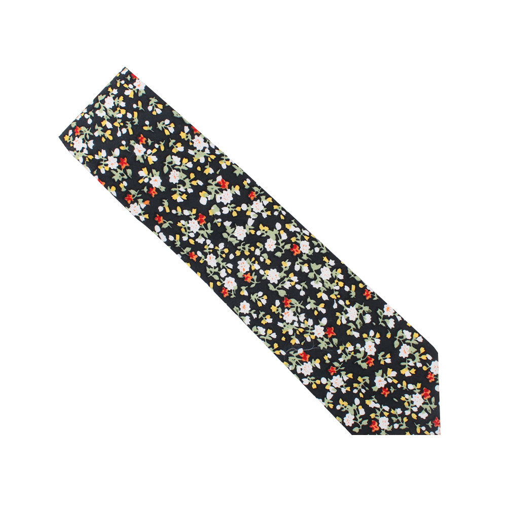 A Black Red Yellow Multi Cotton Floral Skinny Tie & Pocket Square Set.