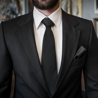 A man in a black suit, white dress shirt, and Black Business Tie & Pocket Square Set stands in an indoor setting, exuding elegance and formality. A black pocket square adds to his sophisticated appearance, though his face is not entirely shown.