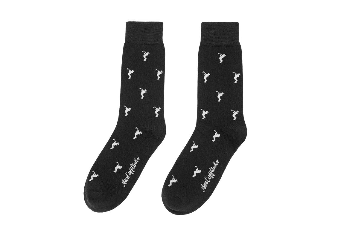 Golf Swing Black Socks—black novelty socks with small white seahorse patterns and "Lucky Me, I See Ghosts" near the toes; a quirky golf gift ideal for any enthusiast.