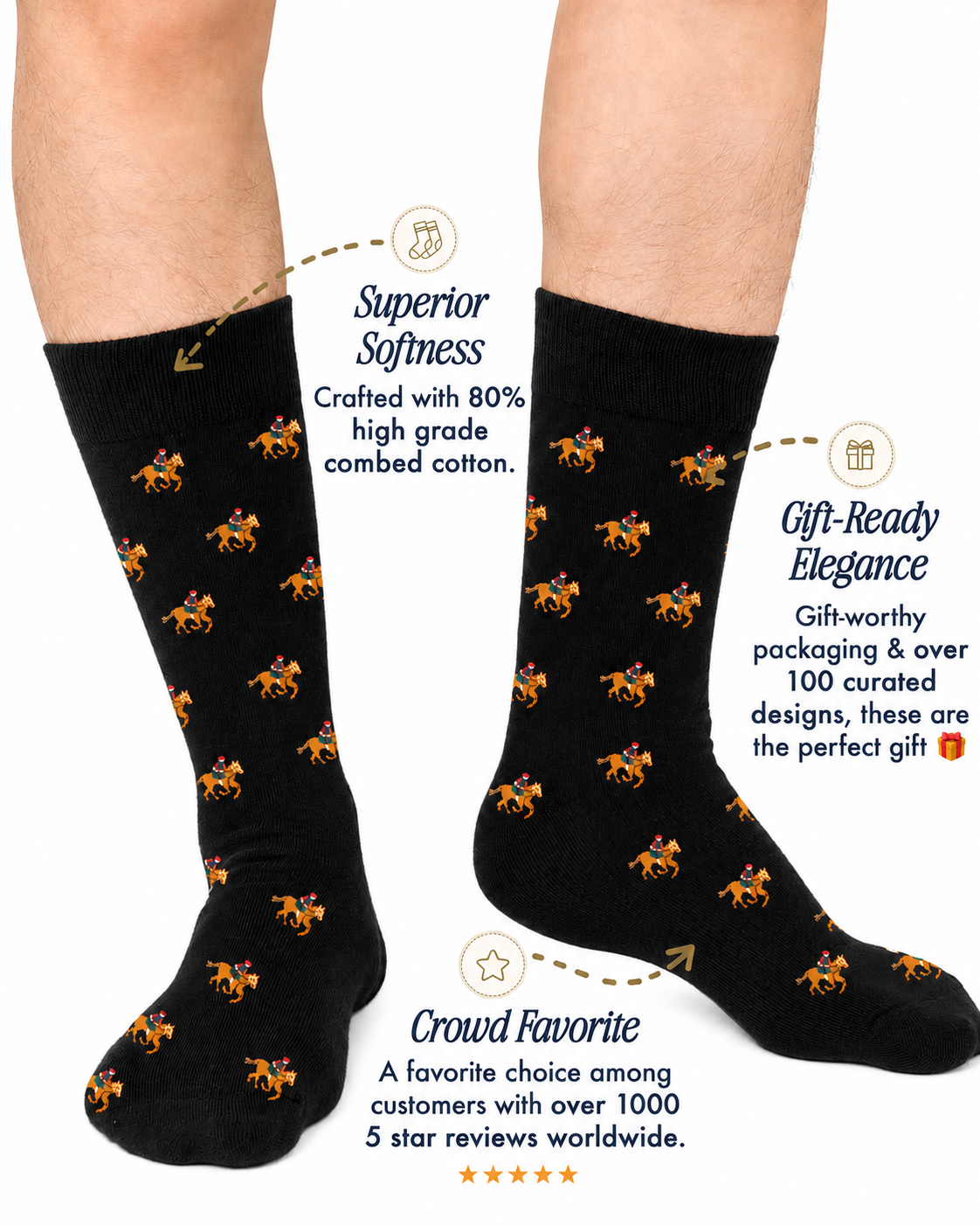 A pair of legs wearing Black Thoroughbred Horse Racing Socks with an orange horse pattern, featuring softness, gift-ready packaging, and excellent customer reviews.