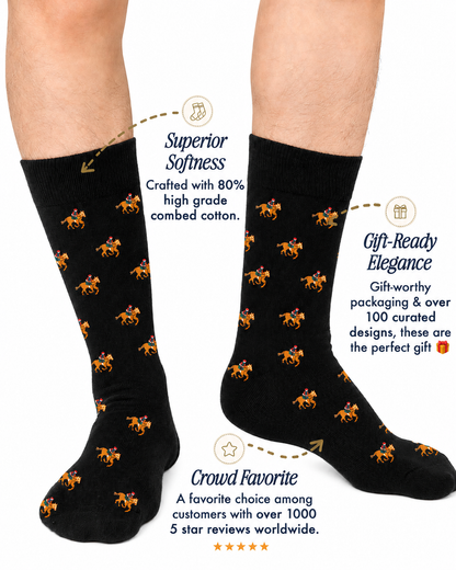 A pair of legs wearing Black Thoroughbred Horse Racing Socks with an orange horse pattern, featuring softness, gift-ready packaging, and excellent customer reviews.