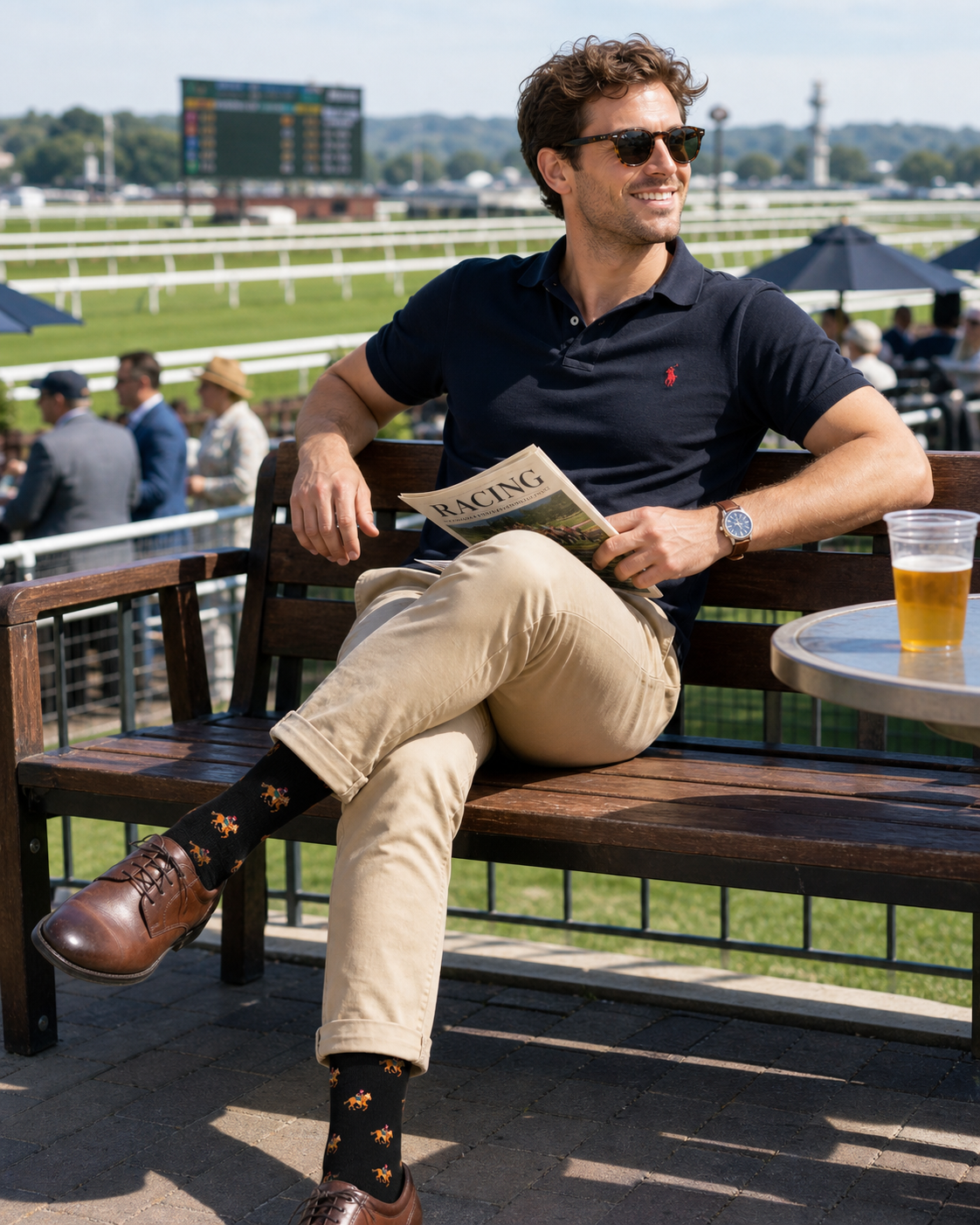A man in sunglasses and a navy polo shirt sits on a racecourse bench, holding a racing program, with a drink nearby and Black Thoroughbred Horse Racing Socks visible as the racetrack stretches out behind him.