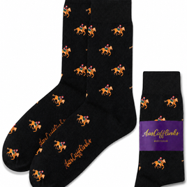 Black Thoroughbred Horse Racing Socks with repeated orange and purple horse rider patterns, shown with a folded pair and a purple AustCufflinks label.