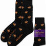 Black Thoroughbred Horse Racing Socks with repeated orange and purple horse rider patterns, shown with a folded pair and a purple AustCufflinks label.