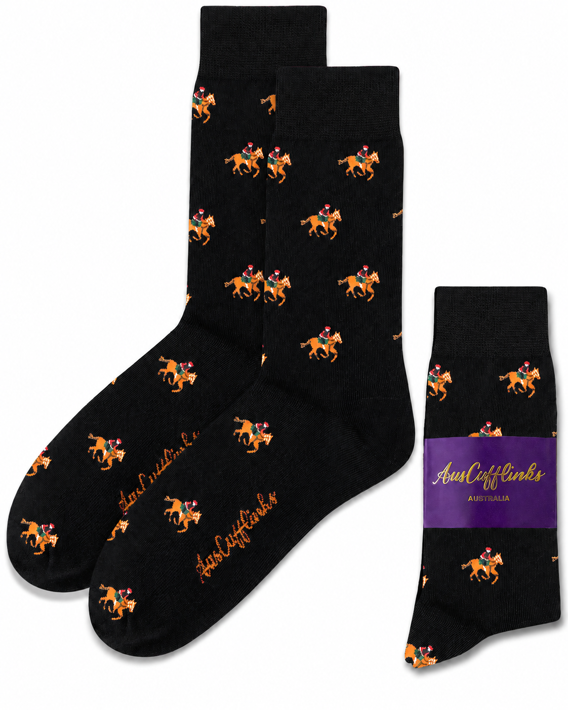 Black Thoroughbred Horse Racing Socks with repeated orange and purple horse rider patterns, shown with a folded pair and a purple AustCufflinks label.