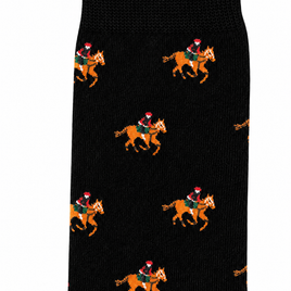 Celebrate the season in style with Black Thoroughbred Horse Racing Socks—festive black socks featuring playful brown horses and riders in red and green, each topped with a Santa hat. Perfect for equestrian holiday fun!.
