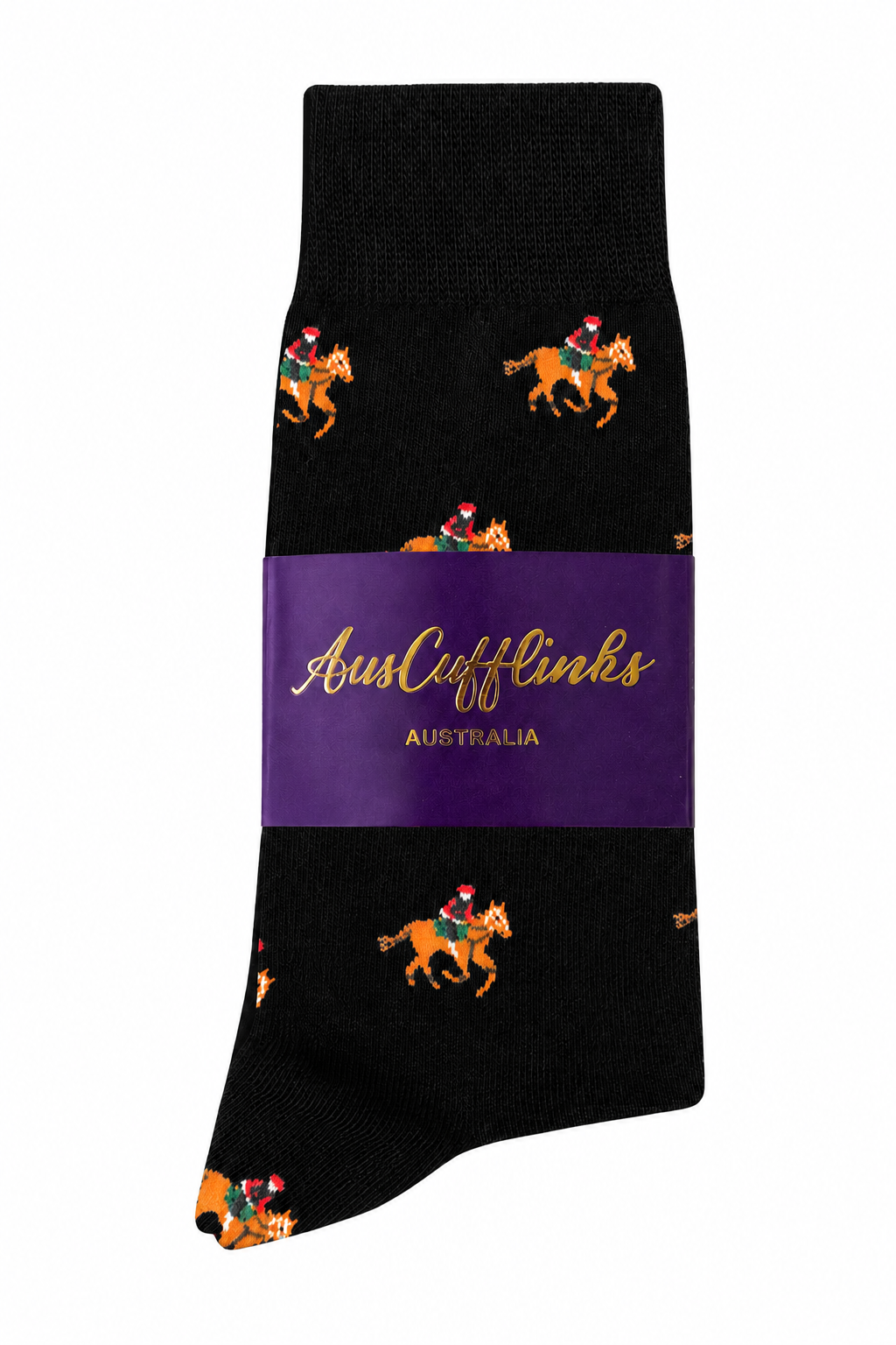 Black Thoroughbred Horse Racing Socks feature small orange horses with riders in Santa hats and come packaged with a purple "AusCufflinks Australia" label.