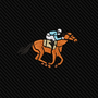 Embroidered image of a jockey in blue and white silks riding an orange horse, stitched on a dark, diagonal-patterned fabric background—perfect as a standout accent on the Horse Racing Skinny BLACK Tie or a unique addition to any horse racing tie collection.
