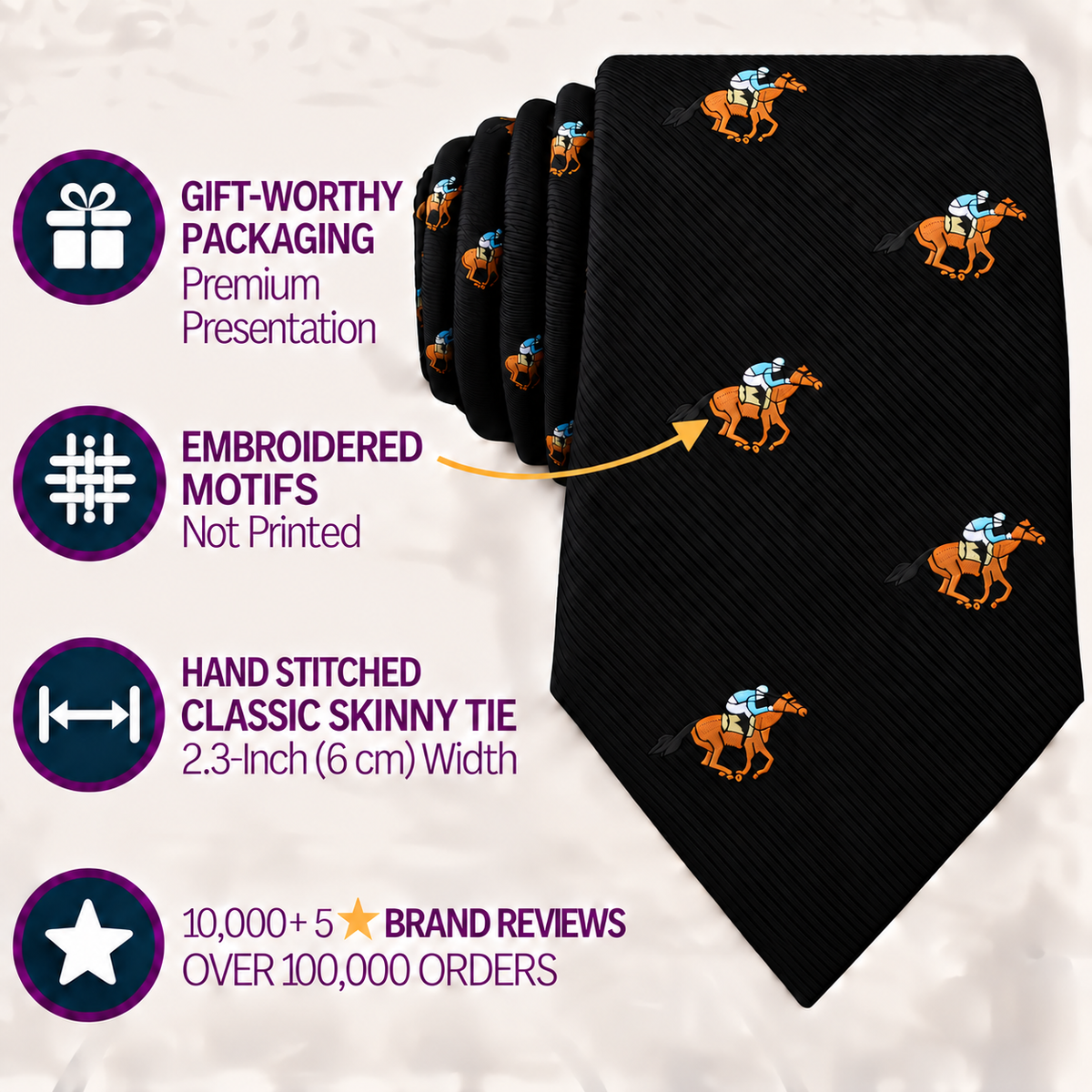 Introducing the Horse Racing Skinny BLACK Tie—a sophisticated accessory adorned with an embroidered jockey print and horse racing motifs. Presented in stylish packaging, this elegant tie features highlights such as precise sizing, premium presentation, and outstanding customer reviews. Perfect for horse racing enthusiasts seeking a refined look.