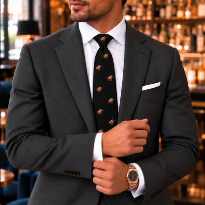 A man in a charcoal suit with a white shirt and a Horse Racing Skinny BLACK Tie adjusts his cuff in a bar or lounge setting, shelves of bottles visible in the background.