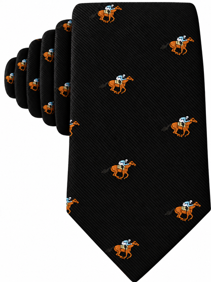 Introducing our Horse Racing Skinny BLACK Tie, featuring a repeated jockey print with small orange horses and jockeys in white and blue outfits—a stylish accessory perfect for race day or for adding a unique touch to any outfit.