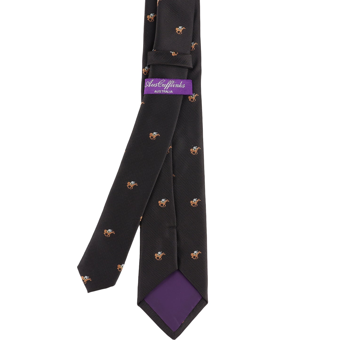 The Horse Racing Skinny BLACK Tie features a small orange and blue print, purple lining, and a "Austen & Blake Australia" label—making it the ideal accessory for equestrian events.