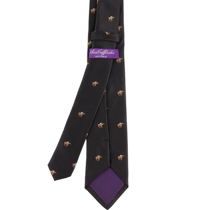 The Horse Racing Skinny BLACK Tie features a small orange and blue print, purple lining, and a "Austen & Blake Australia" label—making it the ideal accessory for equestrian events.